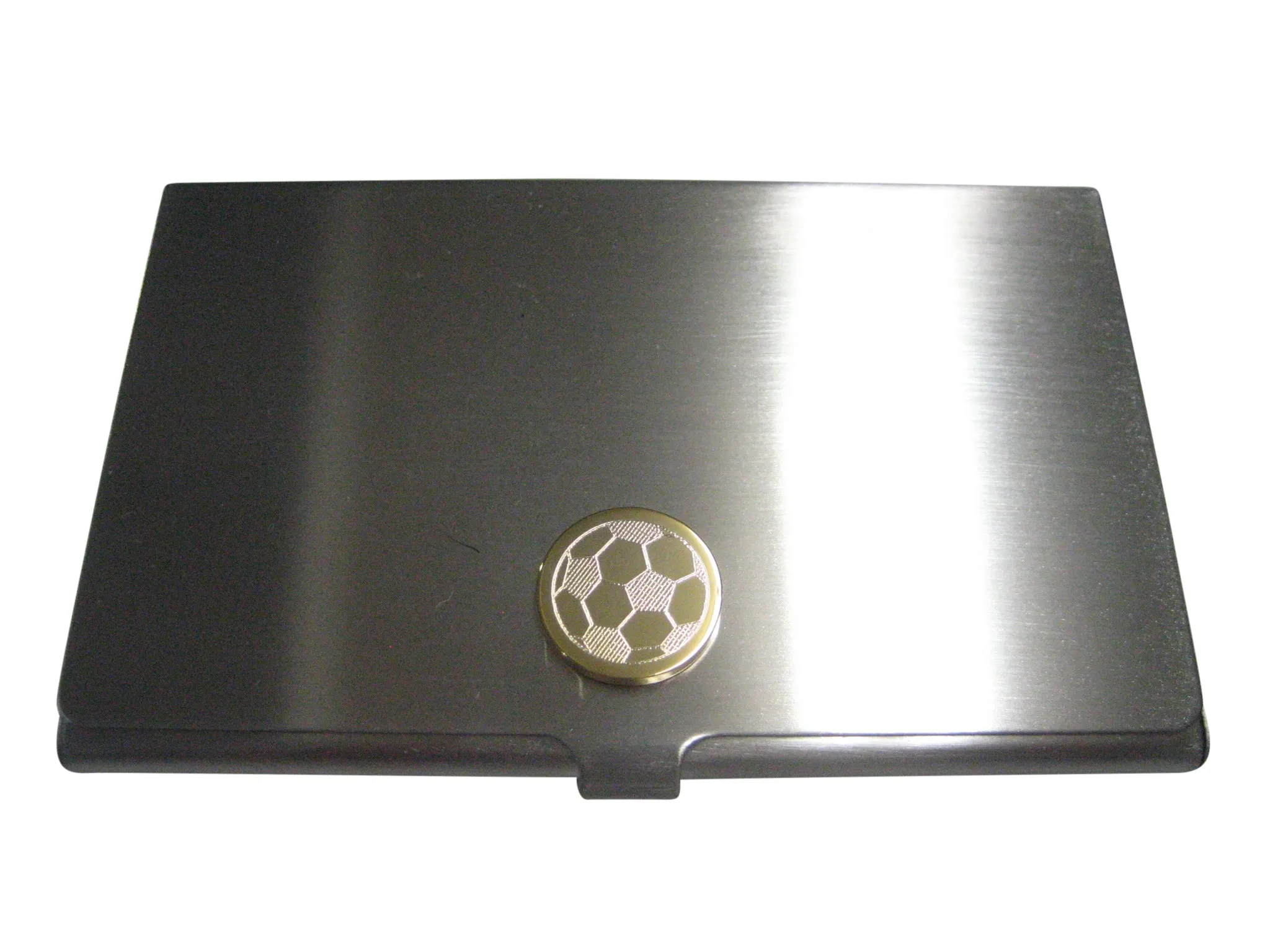 Gold Toned Etched Round Soccer Ball Business Card Holder
