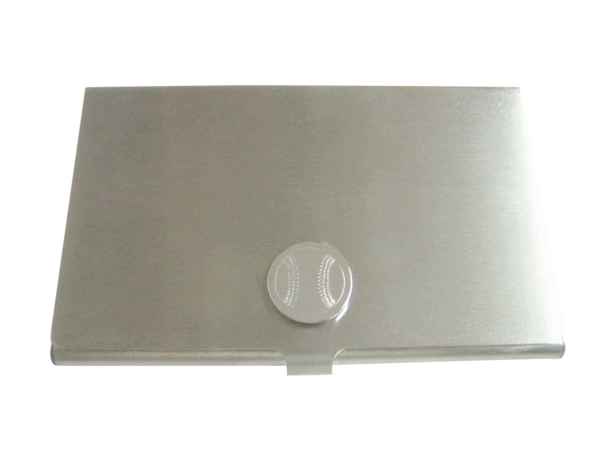 Silver Toned Etched Round Baseball Pendant Business Card Holder